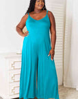 Dark Cyan Double Take Full Size Soft Rayon Spaghetti Strap Tied Wide Leg Jumpsuit Sentient Beauty Fashions Apparel & Accessories