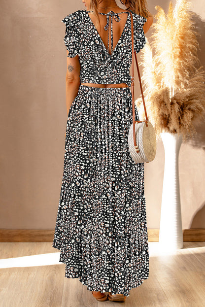 Rosy Brown Printed Tie Back Cropped Top and Maxi Skirt Set