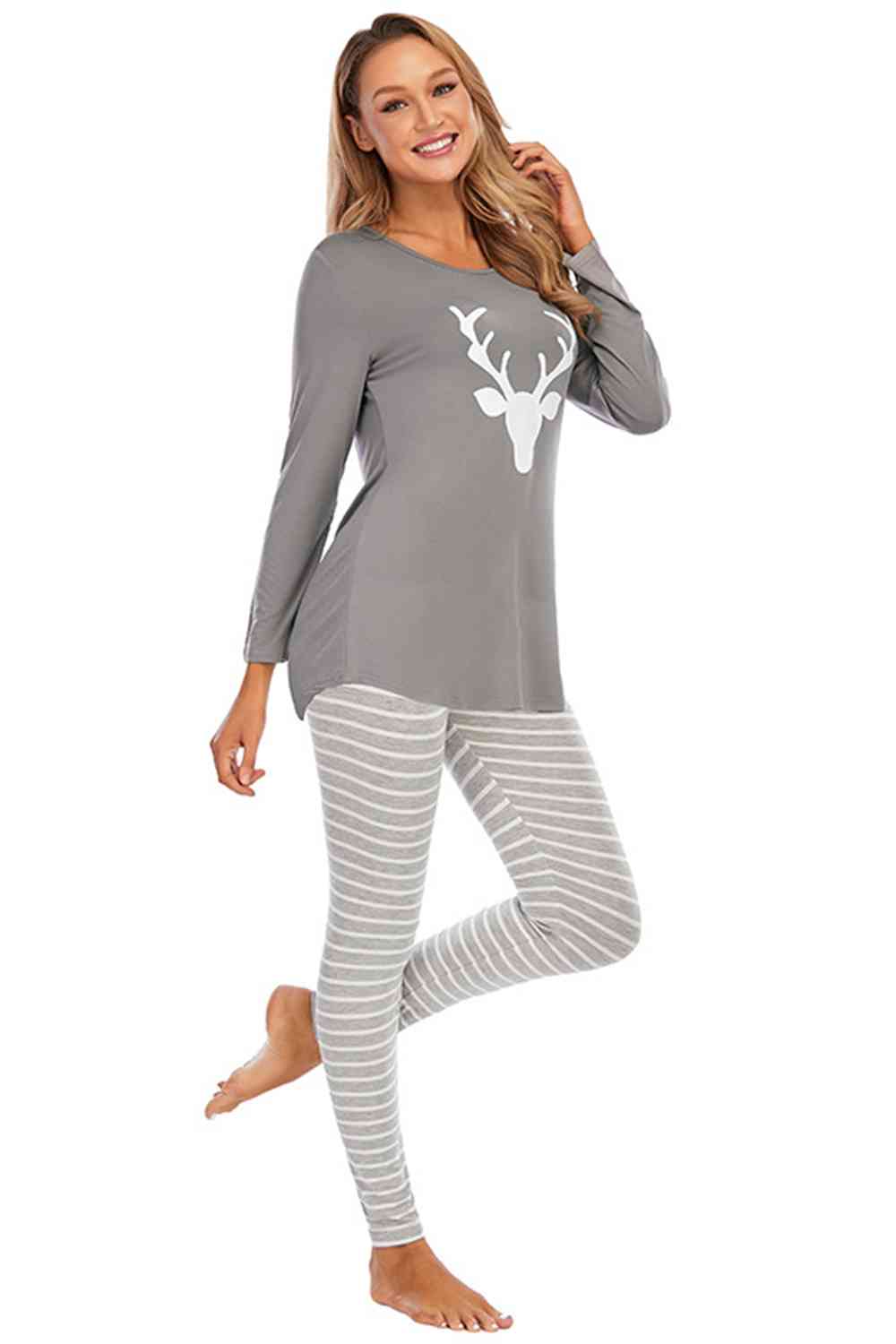 Rosy Brown Graphic Round Neck Top and Striped Pants Set Sentient Beauty Fashions Apparel &amp; Accessories