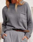 Light Slate Gray Ribbed Dropped Shoulder Sweater with Pocket Sentient Beauty Fashions Tops