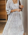 Gray Slit Printed Tie Neck Long Sleeve Dress Sentient Beauty Fashions Apparel & Accessories