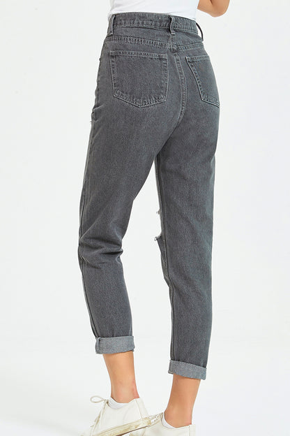 Dim Gray Flower Embroidery Distressed Jeans