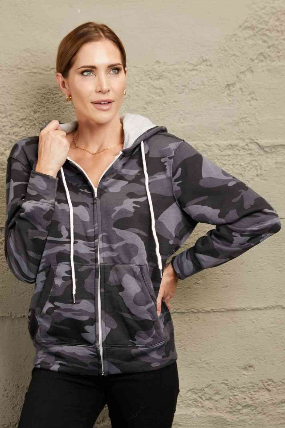 Rosy Brown Double Take Camouflage Drawstring Detail Zip Up Hooded Jacket Sentient Beauty Fashions Apparel & Accessories