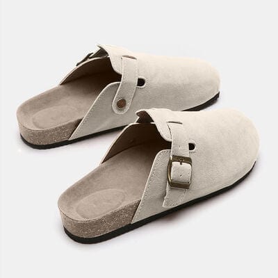 Beige Suede Closed Toe Buckle Slide