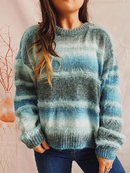 Gray Striped Round Neck Long Sleeve Sweater