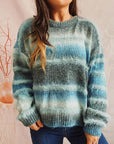 Gray Striped Round Neck Long Sleeve Sweater