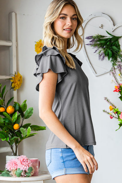 Gray Layered Flutter Sleeve Round Neck Top