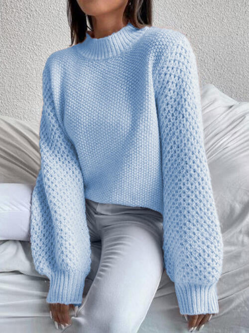 Gray Openwork Mock Neck Long Sleeve Sweater