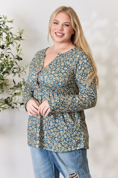 Light Gray Heimish Full Size Floral Half Button Long Sleeve Blouse Sentient Beauty Fashions Apparel &amp; Accessories