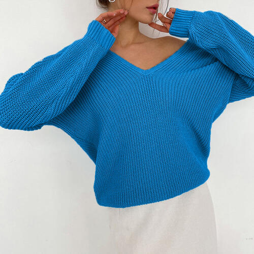 Light Gray V-Neck Dropped Shoulder Long Sleeve Sweater Sentient Beauty Fashions Apparel &amp; Accessories