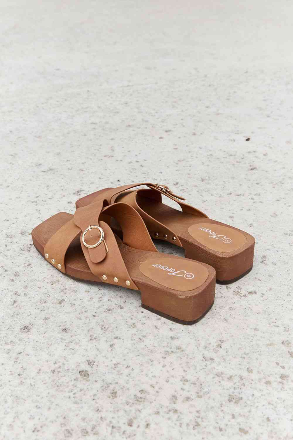 Light Gray Forever Link Square Toe Cross Strap Buckle Clog Sandal in Ochre Sentient Beauty Fashions Shoes