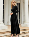 Gray Tie Front Round Neck Long Sleeve Maxi Dress