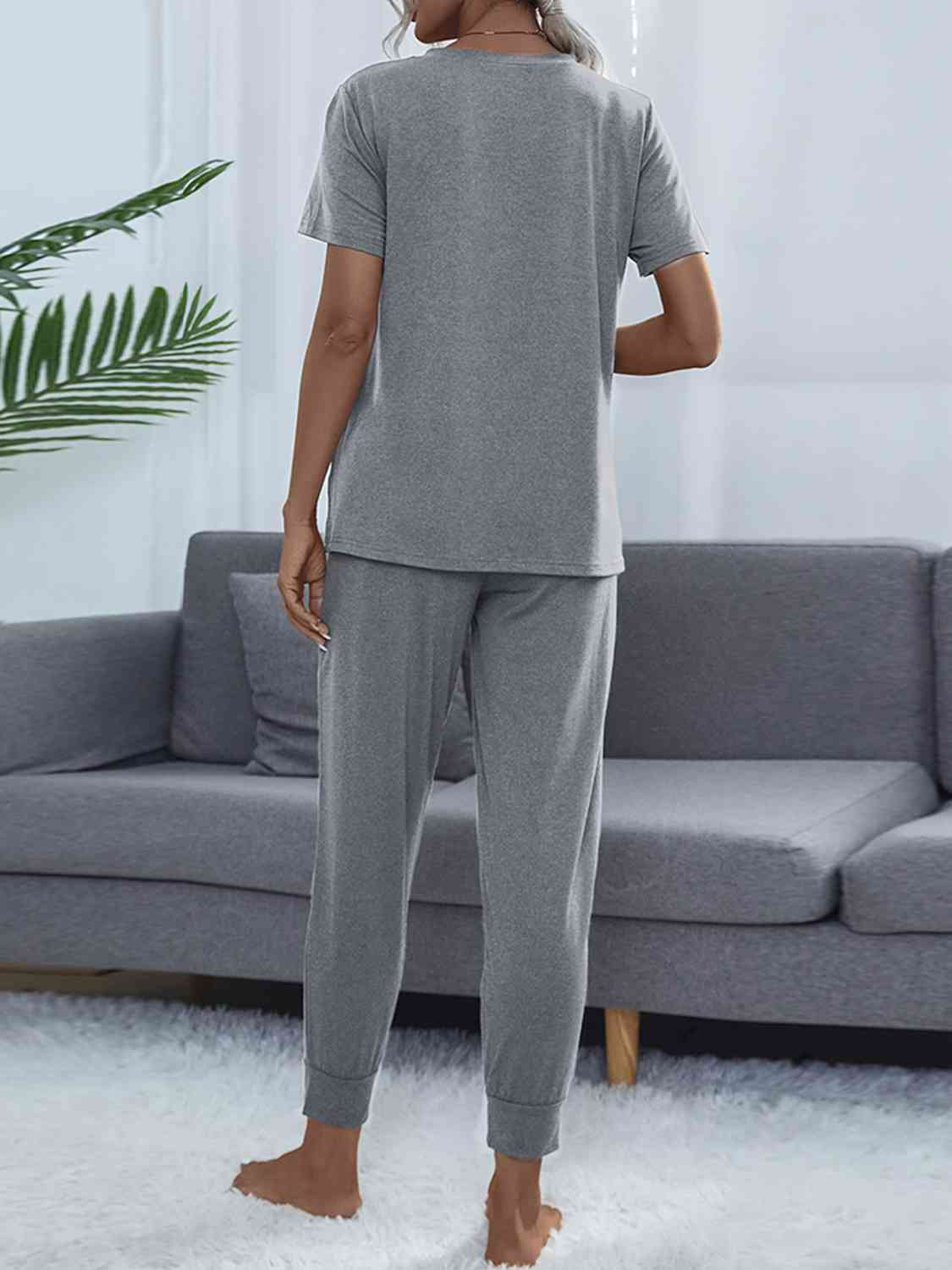 Dim Gray Round Neck Short Sleeve Top and Pants Set Sentient Beauty Fashions Apparel &amp; Accessories