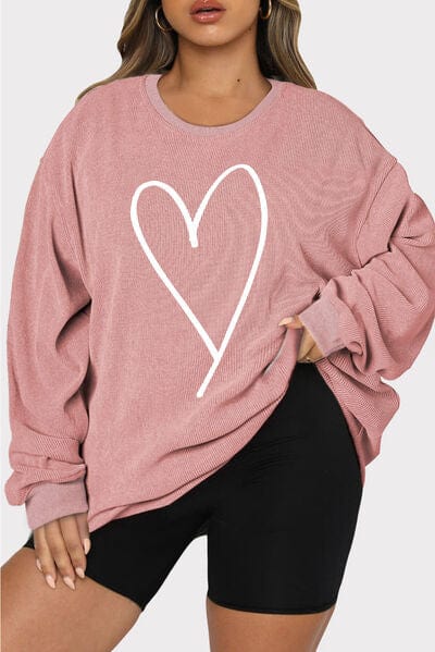 Rosy Brown Plus Size Heart Ribbed Round Neck Sweatshirt