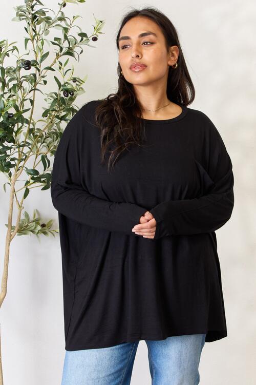 Black Zenana Full Size Round Neck Long Sleeve Top with Pocket Sentient Beauty Fashions Apparel &amp; Accessories