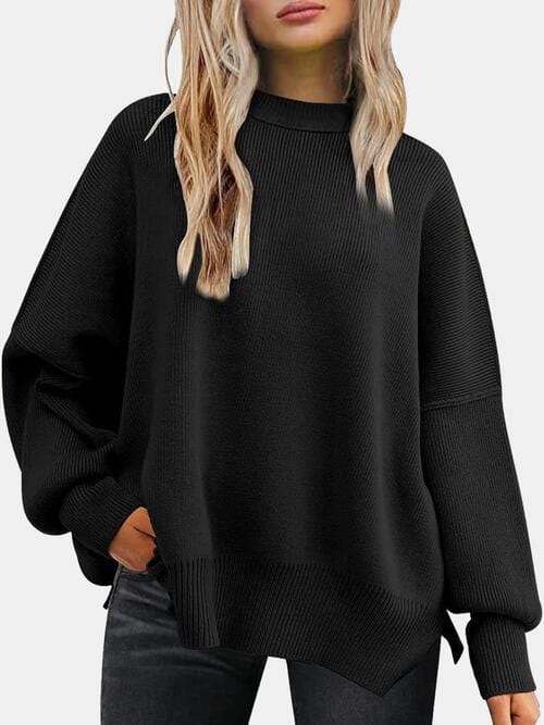 Black Round Neck Drop Shoulder Slit Sweater