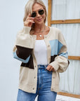 Light Gray Color Block Button Up Lantern Sleeve Cardigan