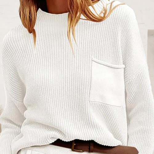 Antique White Ribbed Dropped Shoulder Sweater with Pocket Sentient Beauty Fashions Tops