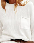 Antique White Ribbed Dropped Shoulder Sweater with Pocket Sentient Beauty Fashions Tops