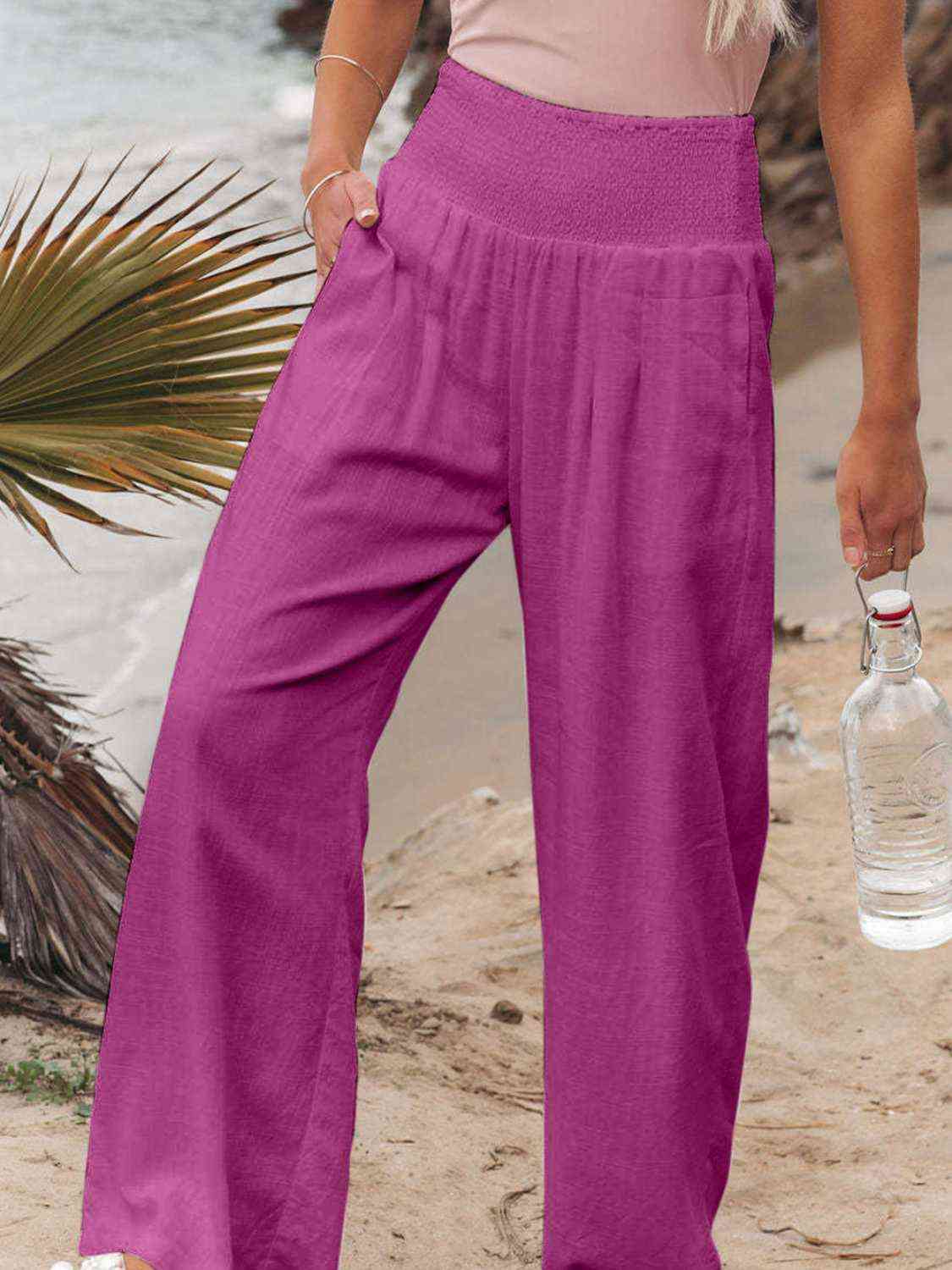 Maroon Full Size Smocked Waist Wide Leg Pants Sentient Beauty Fashions Apparel &amp; Accessories