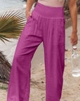 Maroon Full Size Smocked Waist Wide Leg Pants Sentient Beauty Fashions Apparel & Accessories