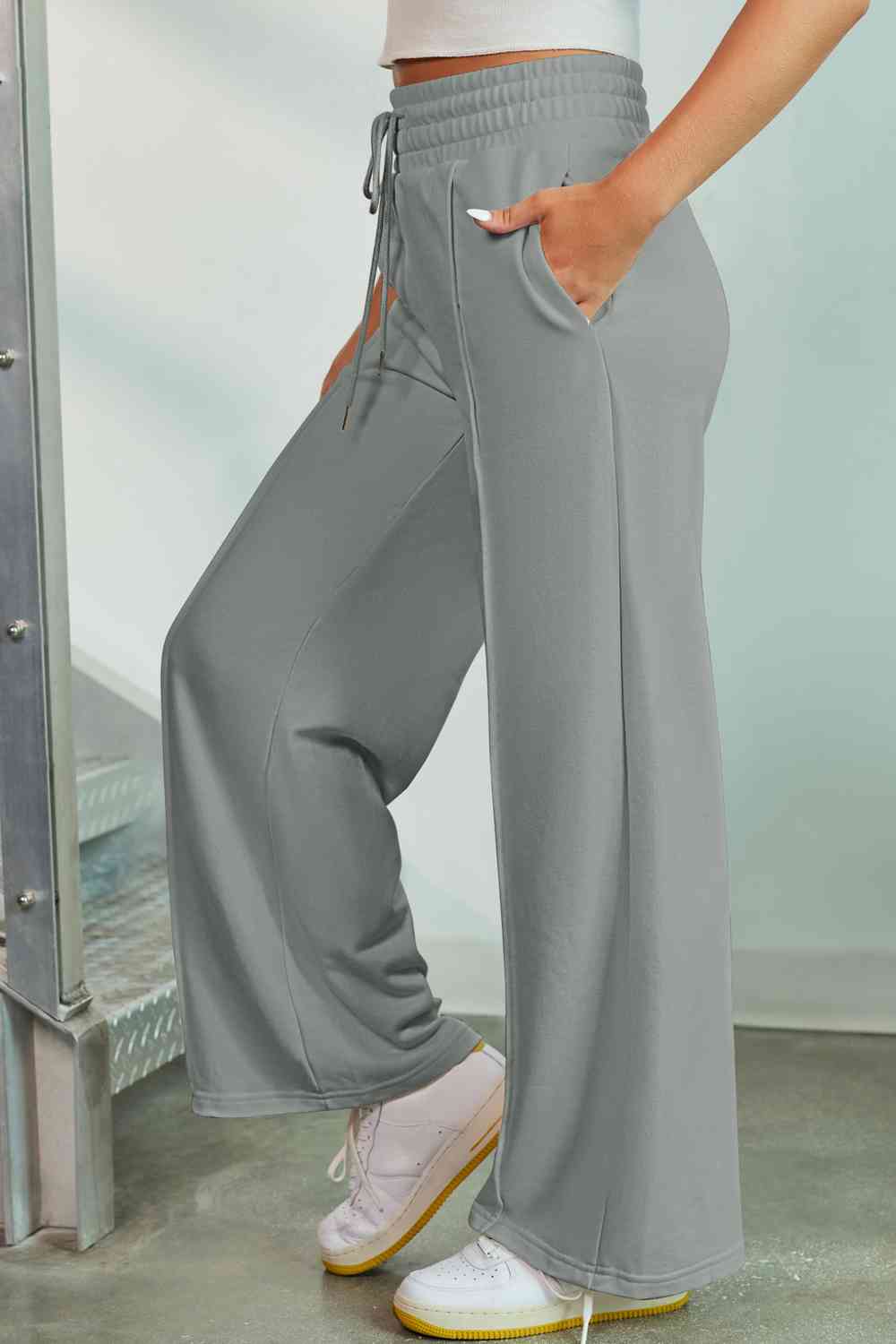 Light Slate Gray Drawstring Wide Leg Pants with Pockets