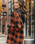 Dim Gray Plaid Button Up Drawstring Hooded Shacket Sentient Beauty Fashions Apparel & Accessories