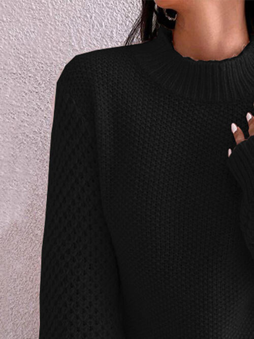 Black Openwork Mock Neck Long Sleeve Sweater