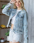 Light Slate Gray Veveret Distressed Button Up Denim Jacket