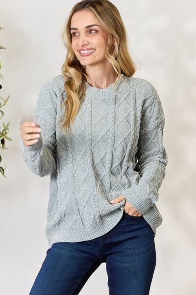 Light Gray BiBi Cable Knit Round Neck Sweater Sentient Beauty Fashions Apparel &amp; Accessories