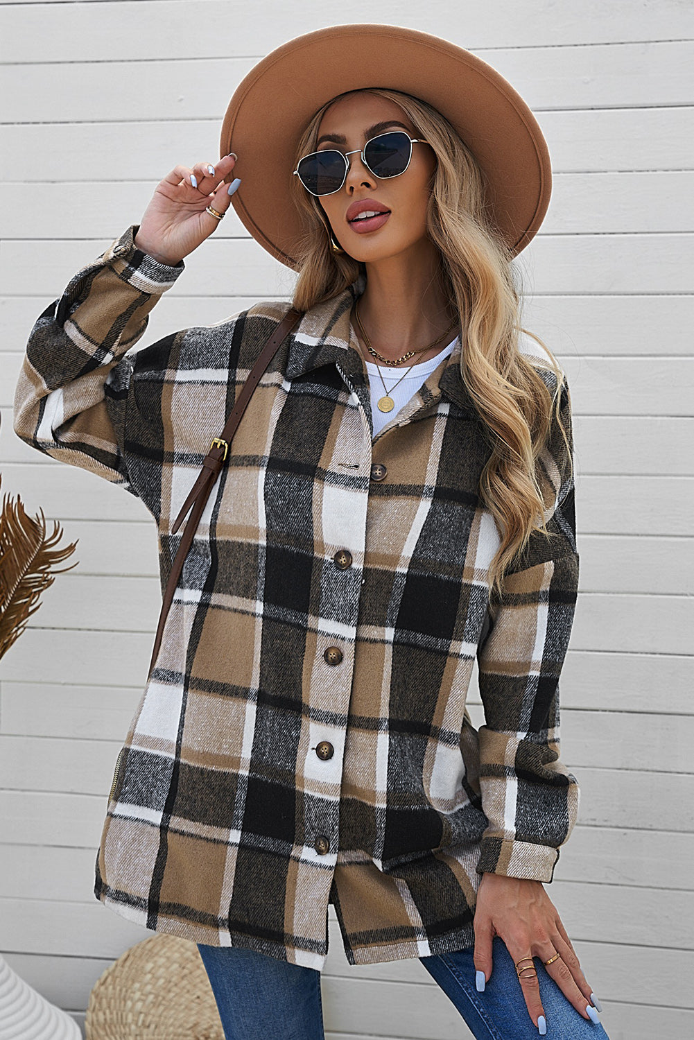 Gray Double Take Plaid Dropped Shoulder Pocketed Shirt Jacket Sentient Beauty Fashions Apparel &amp; Accessories