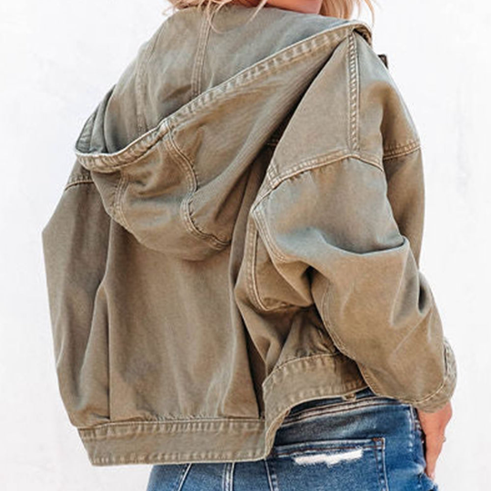 Rosy Brown Hooded Dropped Shoulder Denim Jacket Sentient Beauty Fashions Apparel &amp; Accessories