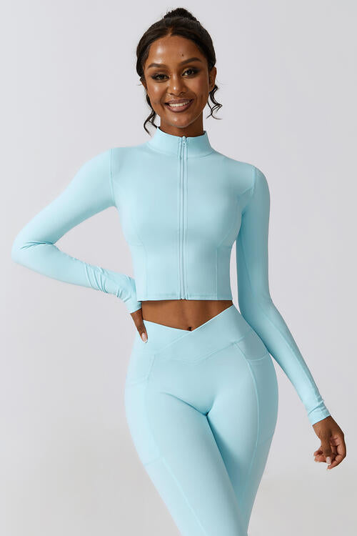 Light Gray Zip Up Long Sleeve Cropped Active Top Sentient Beauty Fashions Apparel & Accessories