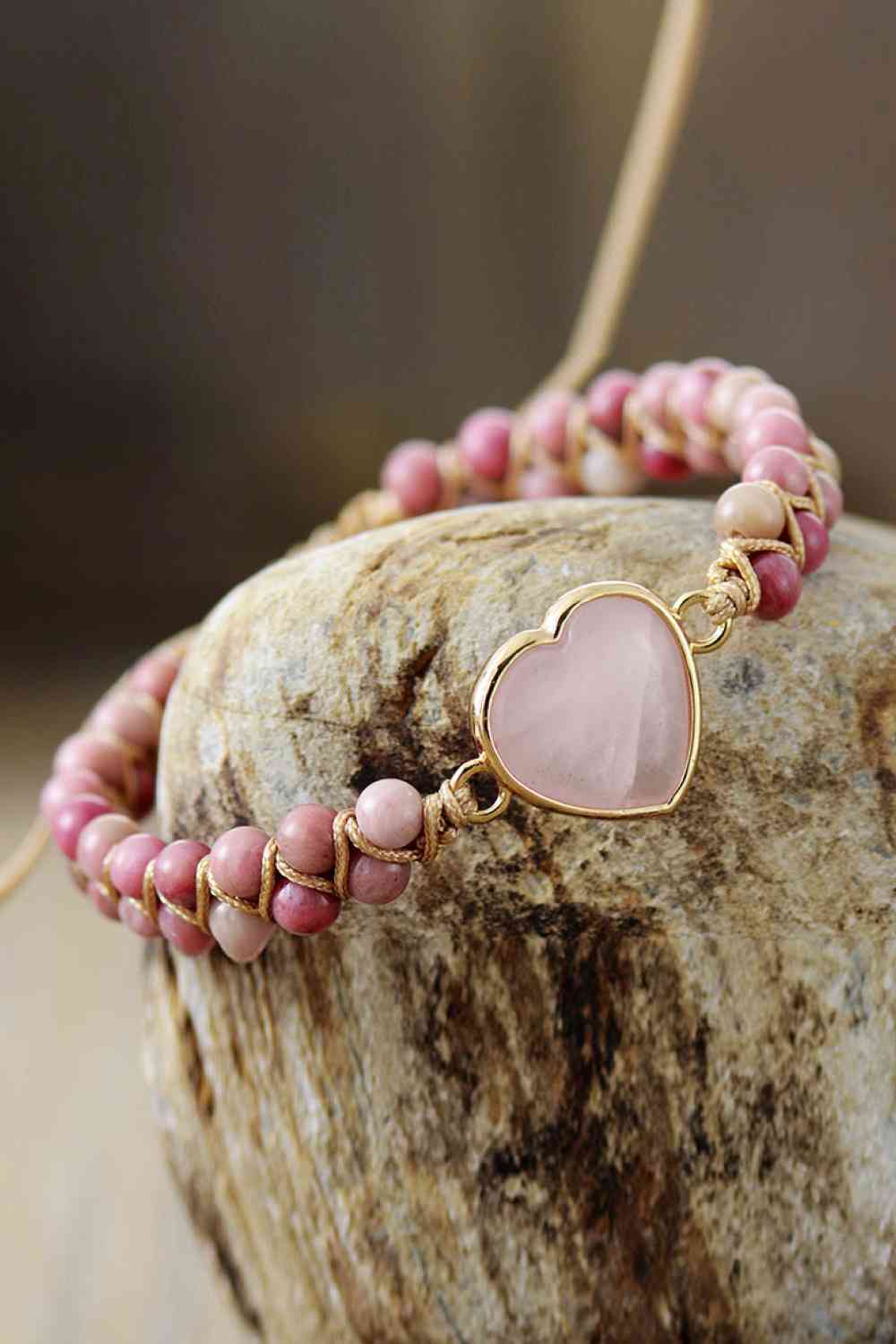 Dark Olive Green Rose Quartz Heart Beaded Bracelet Sentient Beauty Fashions jewelry
