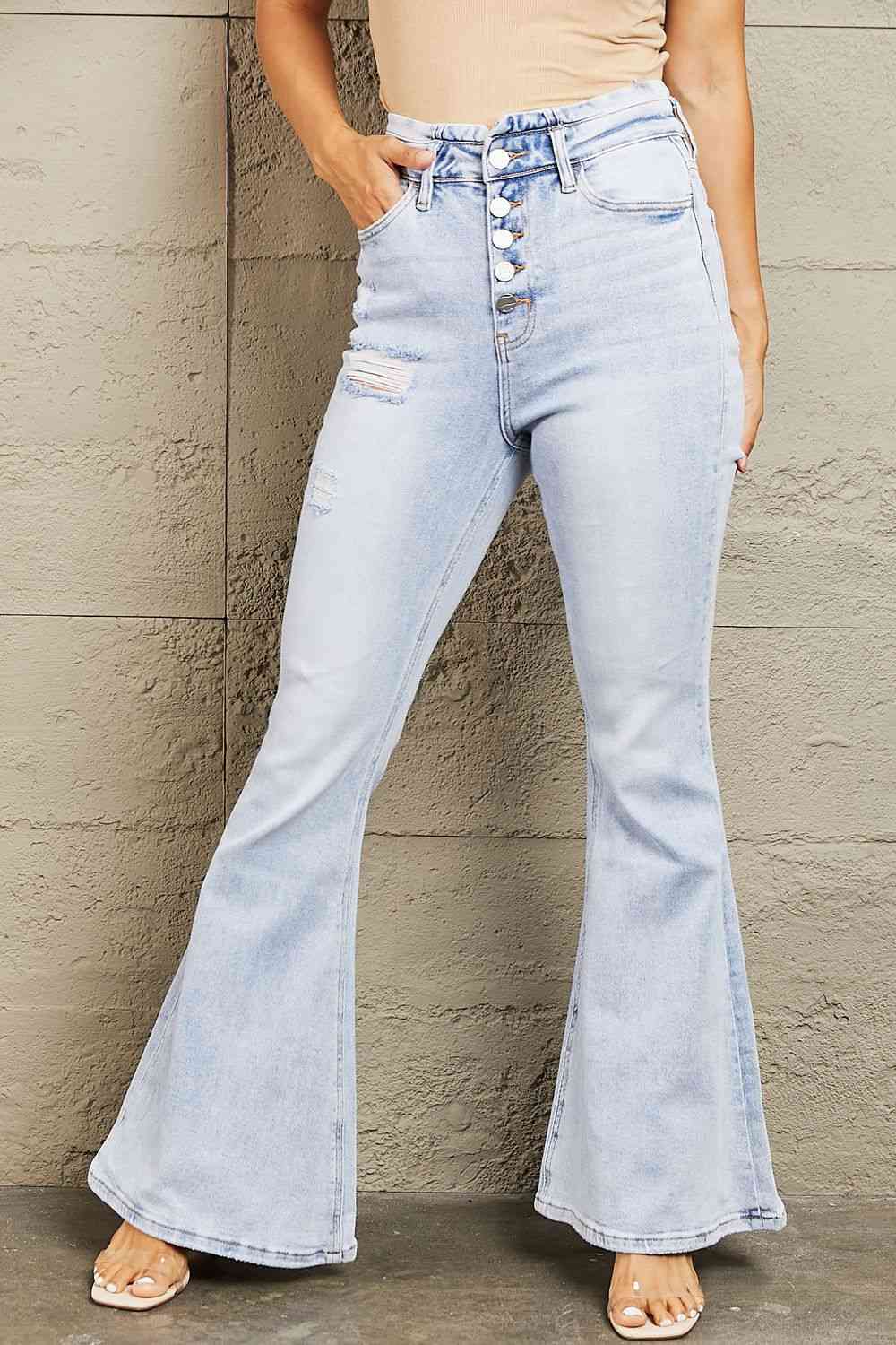 Gray BAYEAS High Waisted Button Fly Flare Jeans Sentient Beauty Fashions Apparel &amp; Accessories