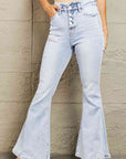 Gray BAYEAS High Waisted Button Fly Flare Jeans Sentient Beauty Fashions Apparel & Accessories