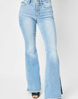 Lavender Judy Blue Full Size Mid Rise Raw Hem Slit Flare Jeans Sentient Beauty Fashions Apparel & Accessories