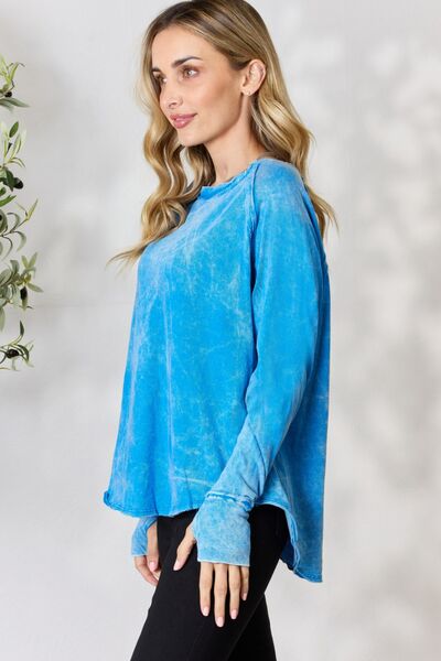 Steel Blue Zenana Round Neck Long Sleeve Top Sentient Beauty Fashions Apparel & Accessories