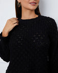 Black Openwork Round Neck Long Sleeve Sweater Sentient Beauty Fashions Apparel & Accessories
