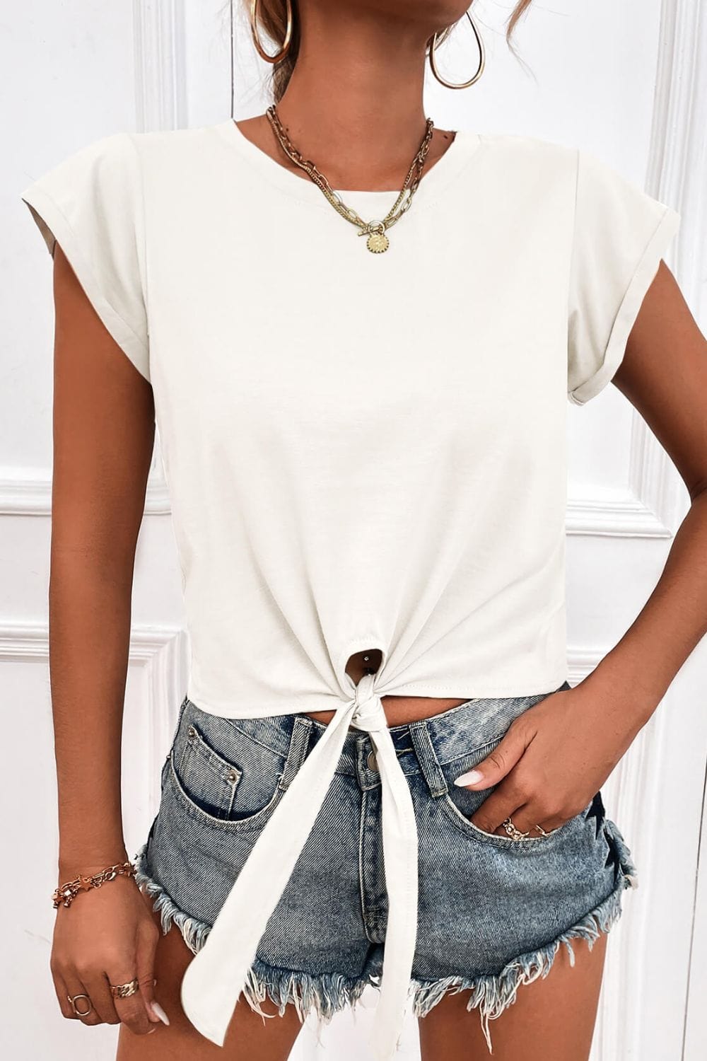 Beige Tied Round Neck Crop Tee