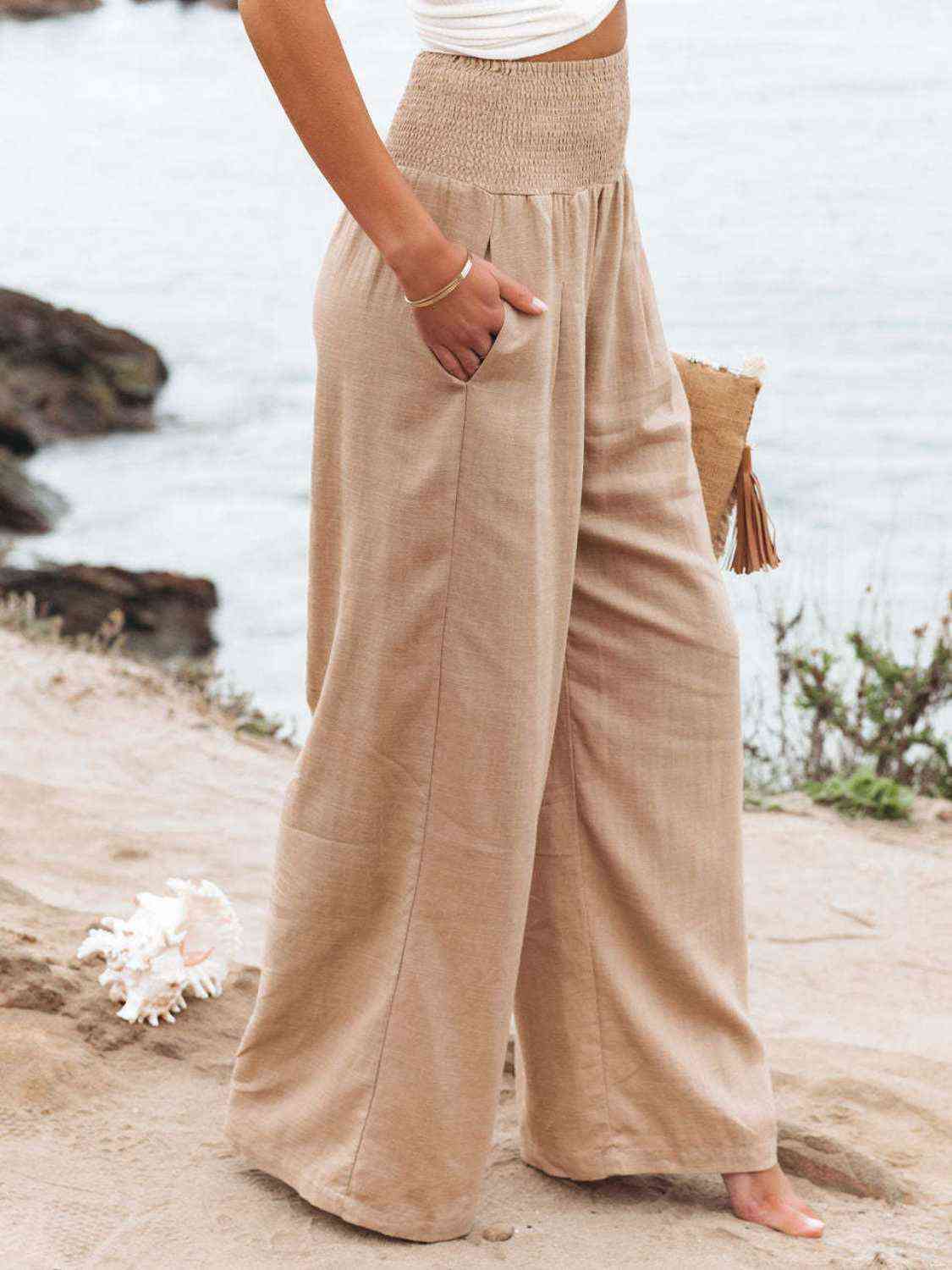 Light Gray Full Size Smocked Waist Wide Leg Pants Sentient Beauty Fashions Apparel &amp; Accessories