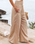 Light Gray Full Size Smocked Waist Wide Leg Pants Sentient Beauty Fashions Apparel & Accessories