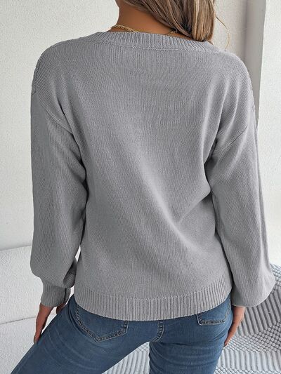 Light Slate Gray Cable-Knit V-Neck Lantern Sleeve Sweater Sentient Beauty Fashions Apparel &amp; Accessories