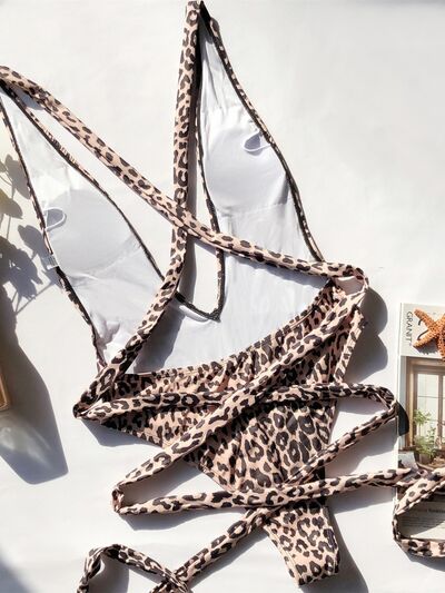 Dark Slate Gray Tied Leopard Plunge One-Piece Swimwear Sentient Beauty Fashions Apparel & Accessories