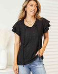 Dark Slate Gray Double Take Eyelet Tie-Neck Flutter Sleeve Blouse Sentient Beauty Fashions Apparel & Accessories