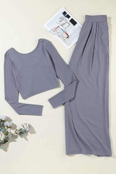 Light Gray Ribbed Round Neck Top and Wide-Leg Pants Set Sentient Beauty Fashions Apparel &amp; Accessories