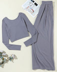 Light Gray Ribbed Round Neck Top and Wide-Leg Pants Set Sentient Beauty Fashions Apparel & Accessories