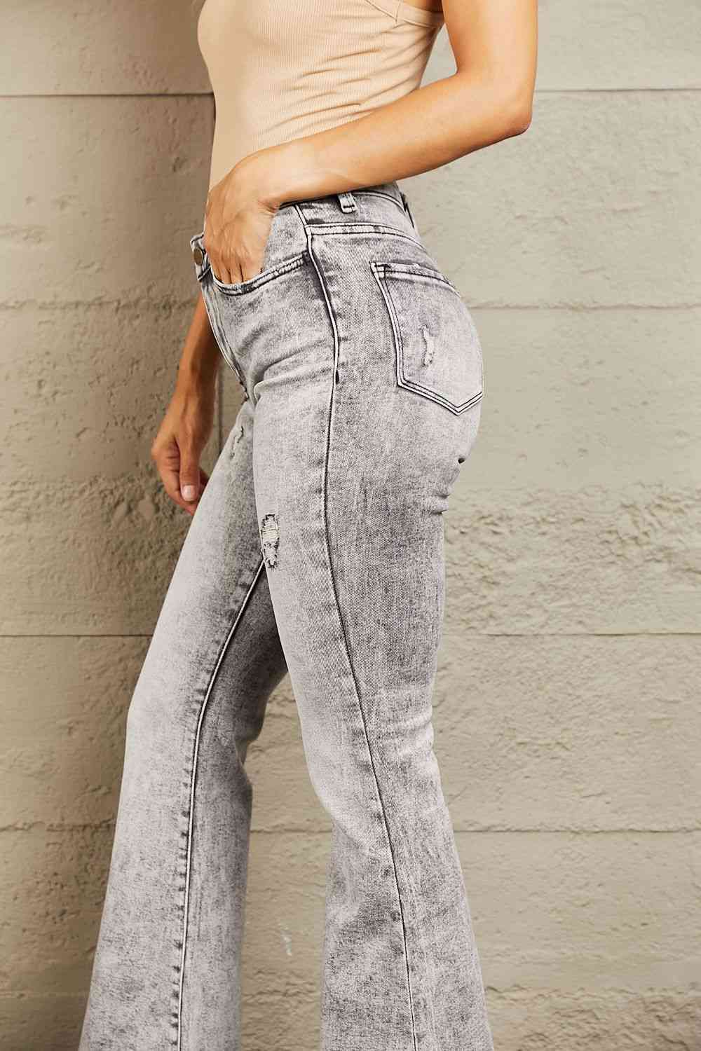 Dark Gray BAYEAS High Waisted Acid Wash Flare Jeans Sentient Beauty Fashions Apparel & Accessories