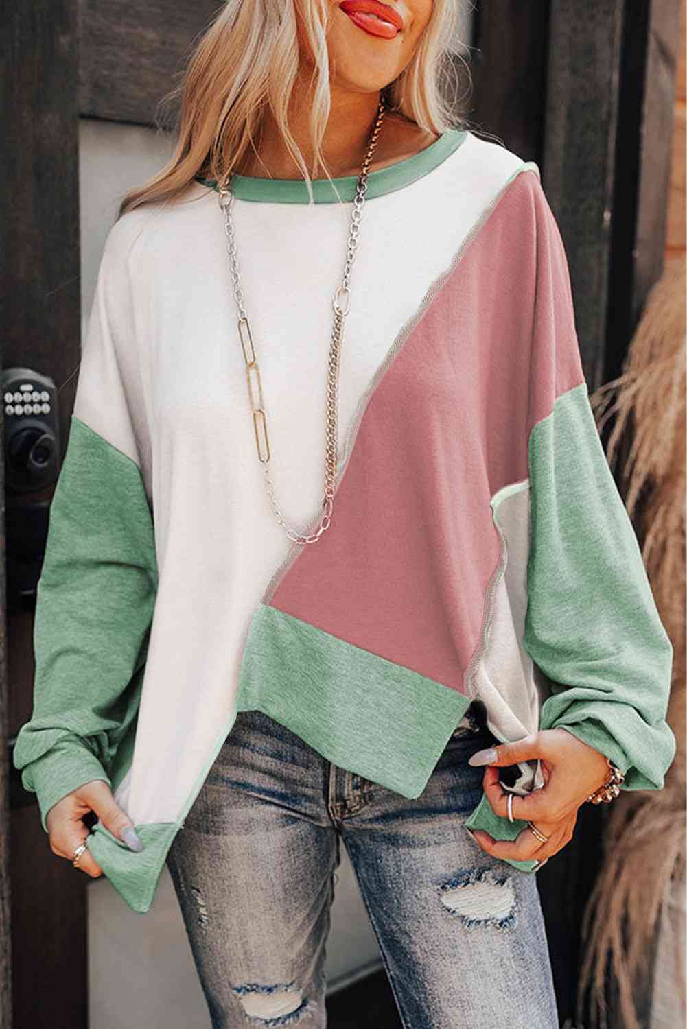 Rosy Brown Color Block Exposed Seam Asymmetrical Sweatshirt Sentient Beauty Fashions Apparel & Accessories