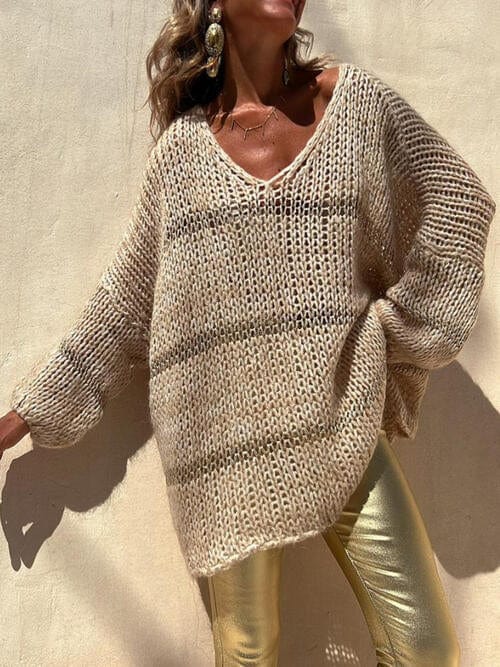 Tan Openwork V-Neck Long Sleeve Sweater